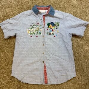 Embroidered Button Down Shirt with Denim Collar